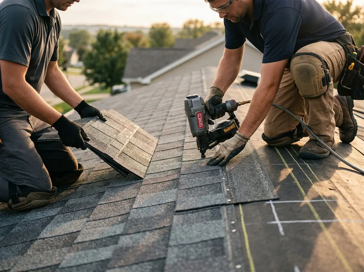 Professional roofer working on a residential roof in Puyallup